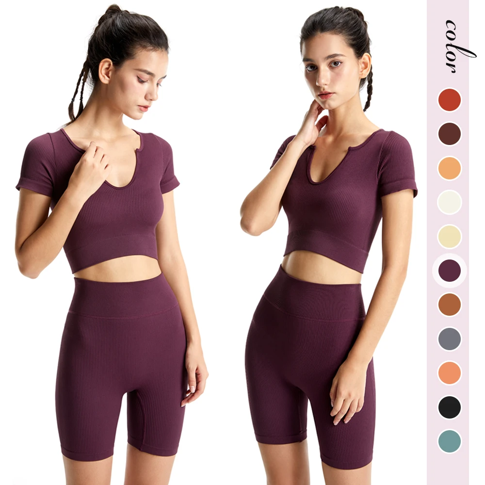 

Jalivanfit 2 шт. полосатый бесшовный комплект для йоги женский спортивный костюм Одежда для тренажерного зала сексуальный V-образный вырез спорт...