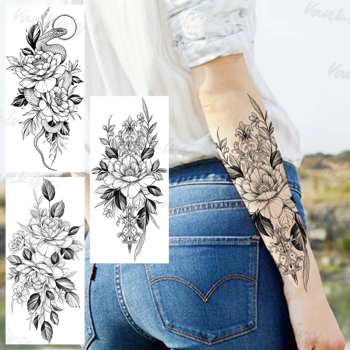 

Временные татуировки с черными цветами для женщин и девушек, Реалистичная змея, флора, водонепроницаемые искусственные фототатуировки, сек...