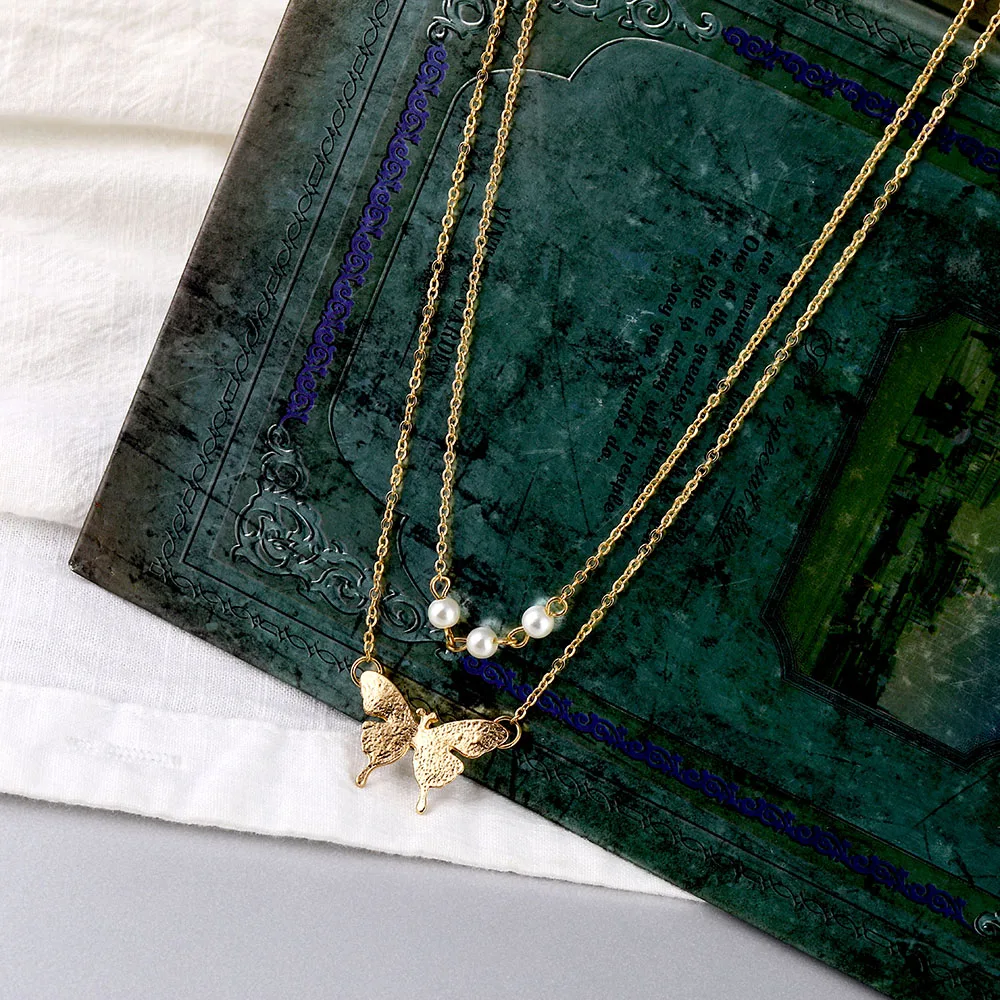 ZOVOLI Boho Dainty Double Layered Pearl Butterfly Pendant Necklace Sets Gold Chains Necklaces For Women Fashion Choker Jewelry | Украшения