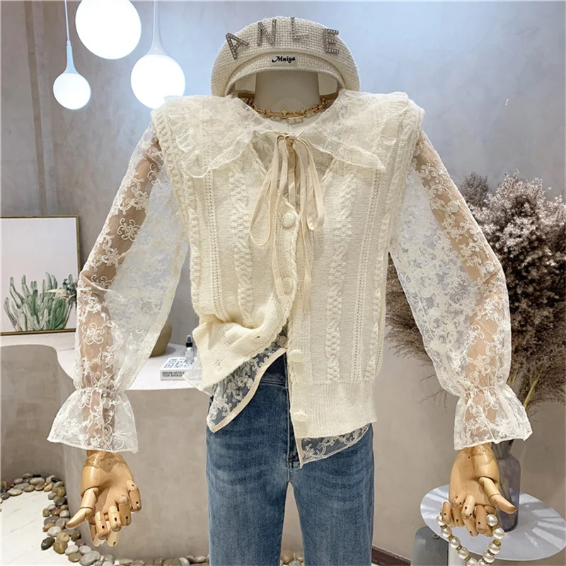 

NEW Niche Design Women's Clothing 2021 Autumn Sweater Vest Cardigan + Lace Doll Collar All-match Shirt Two-piece Suit