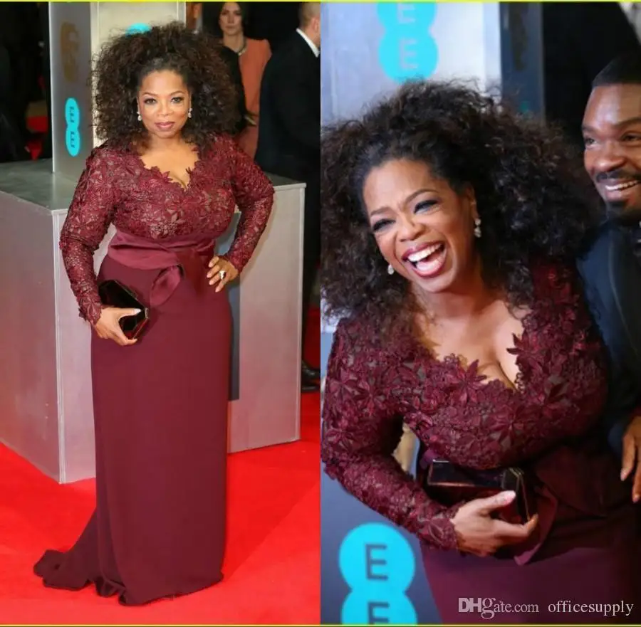 

Oprah Winfrey Burgundy Long Sleeves Mother of the Bride Dresses V-Neck Sheer Lace Sheath Plus Celebrity Red Carpet Evening gown