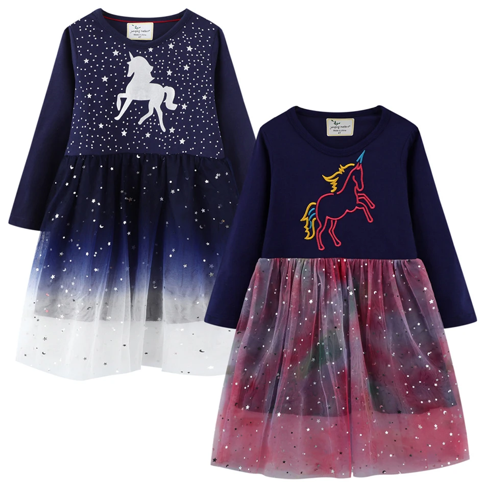 Autumn Long Sleeve Unicorn Dresses for Girls Winter Galaxy Gradient Knee Length Cartoon Casual Dress Kids Cotton T-shirt Frocks