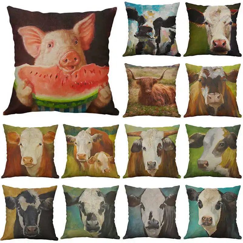 Drawing Cow Case Cushion Cotton Linen Home Pillow Cover New  18" Sofa Decor
