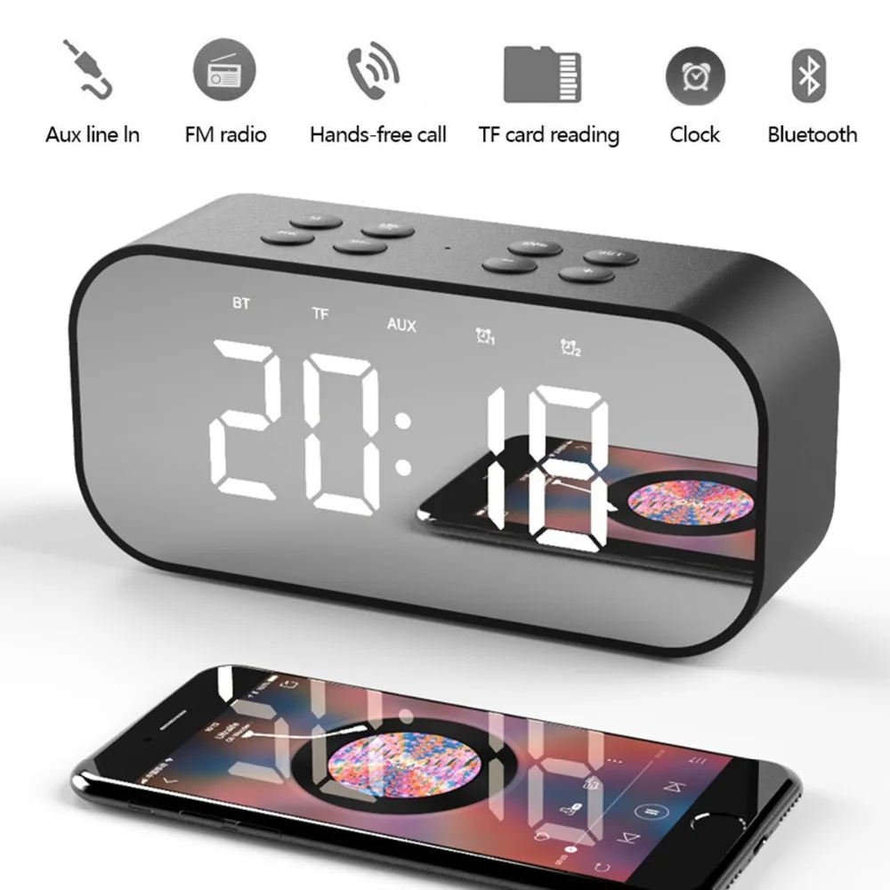 

Portable LCD Display Bluetooth Speaker LED Mirror Alarm Clock Wireless Music Player Stereo Temperature Bedroom Table Decor