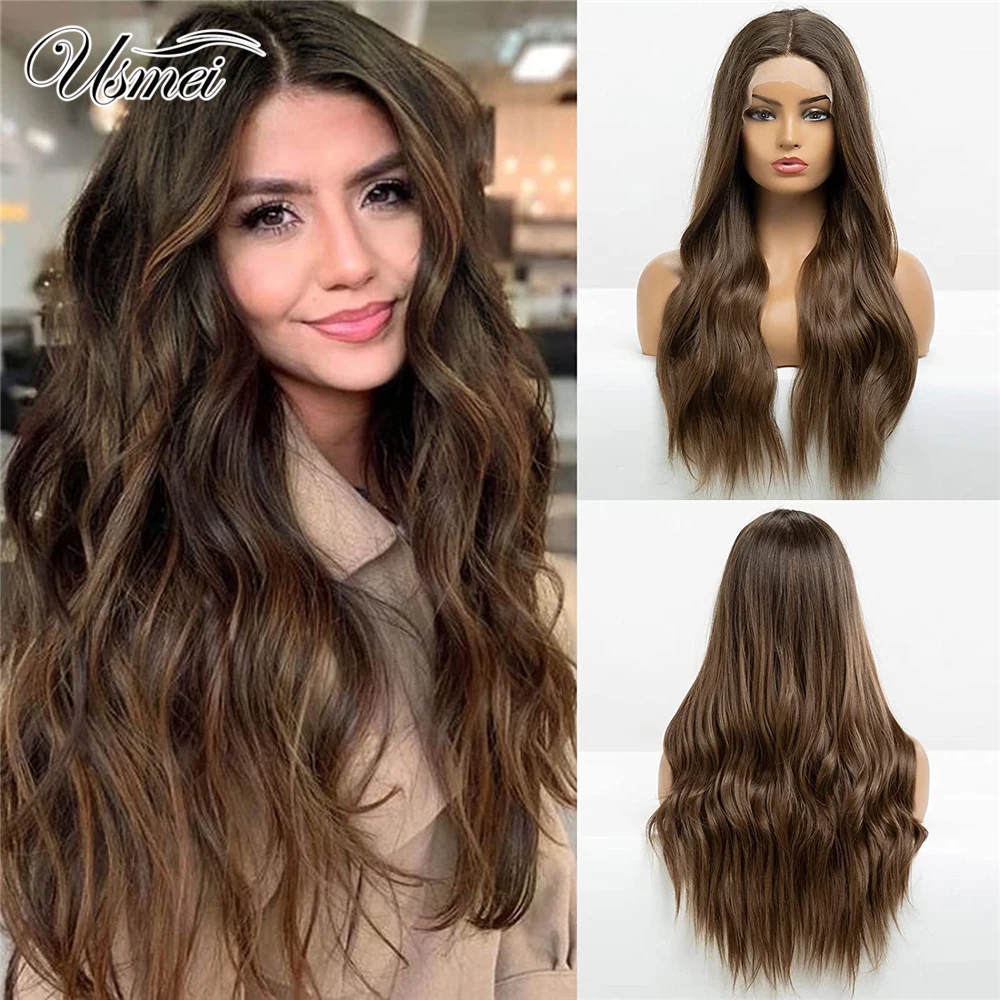 

Usmei Brown Synthetic Lace Front Wig Long Wavy Hair Wigs for Women Gluless Lace Wigs Brown Lace Front Wigs with Baby Hair