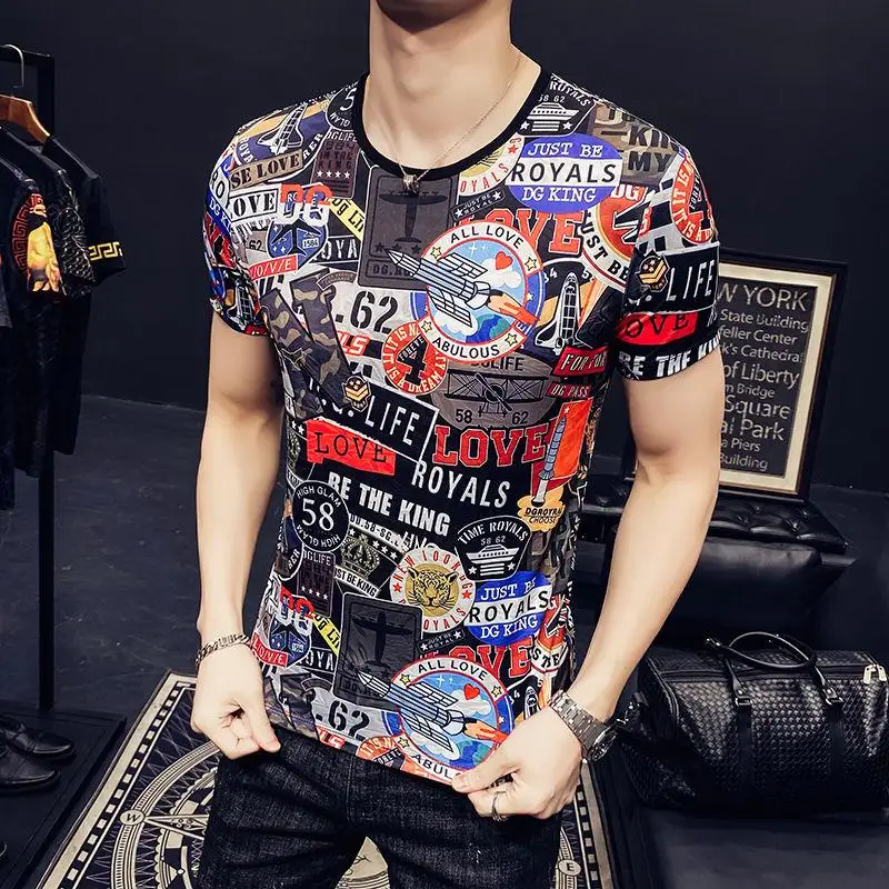 

2021 New arrived Ice silk trendy men's short-sleeved shirt Stickers Patchwork Pattern Printed T-Shirt Polyester Spandex Material