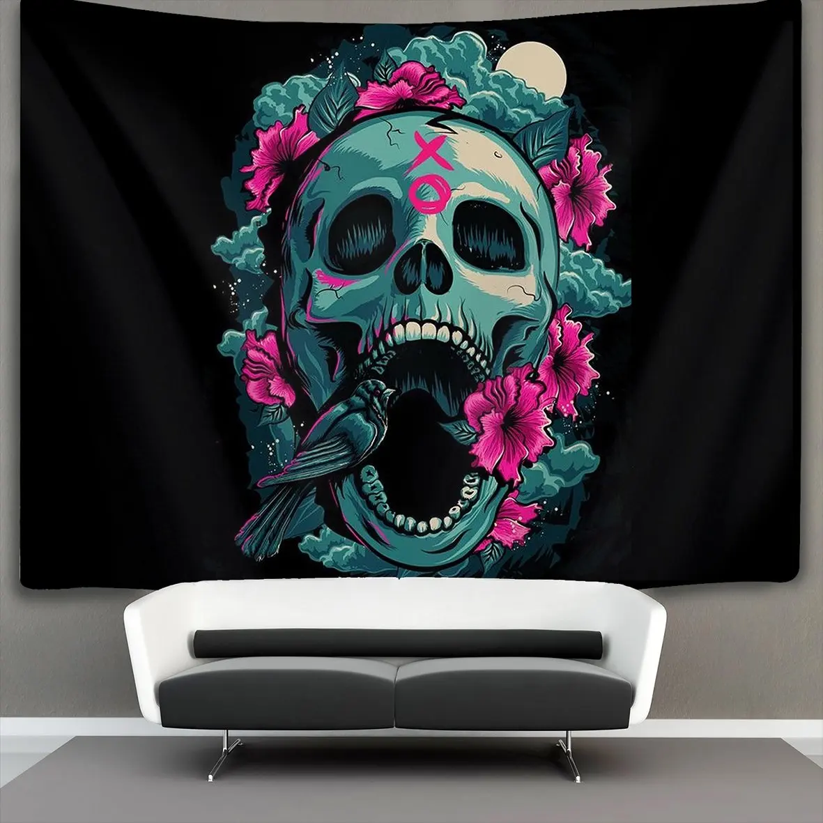 

Flowers bird cool skull Wall Tapestry Hippie Art