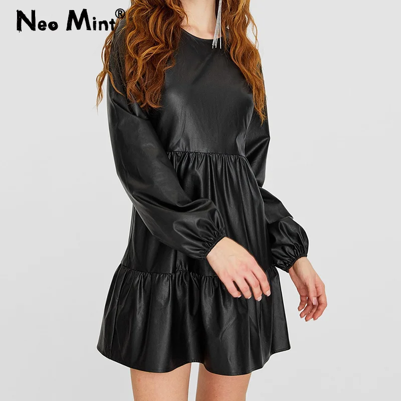

Ins Trendy Black Faux Leather Dress Women Autumn Long Sleeve Mini Dress Elegant Ladies Pu Dress Sweet Girls Ruffle Vestido Femme