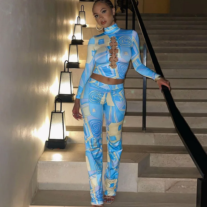 

Print 2 Pieces Pant Suits Women Autumn Turtleneck Full Sleeve Hollow Out Top+High Waist Pencil Pants Causal Outfit Matching Sets