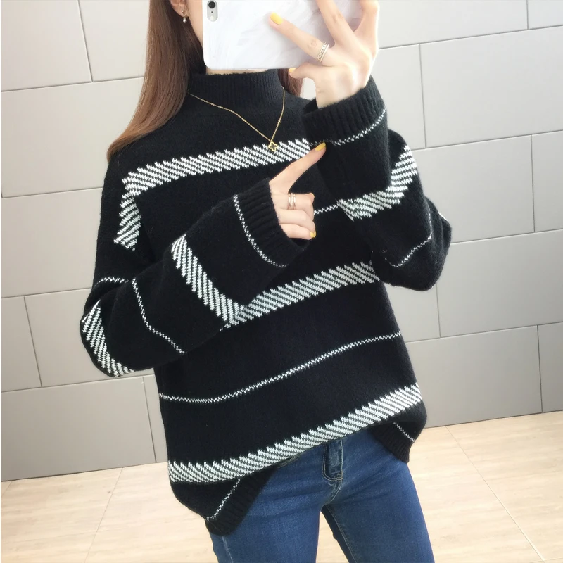 Теплый вязаный свитер в полоску с длинным рукавом пуловер модный новый 2019