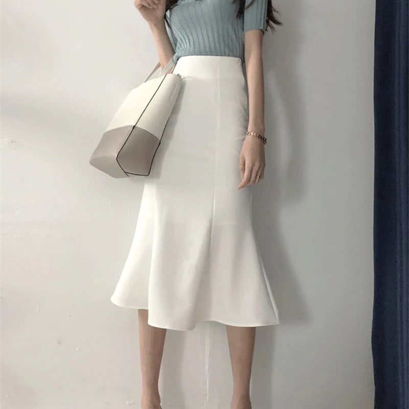 

Limiguyue корейские повседневные элегантные юбки с высокой талией тонкая облегающая юбка-Русалка женская черная белая юбка до середины икры же...