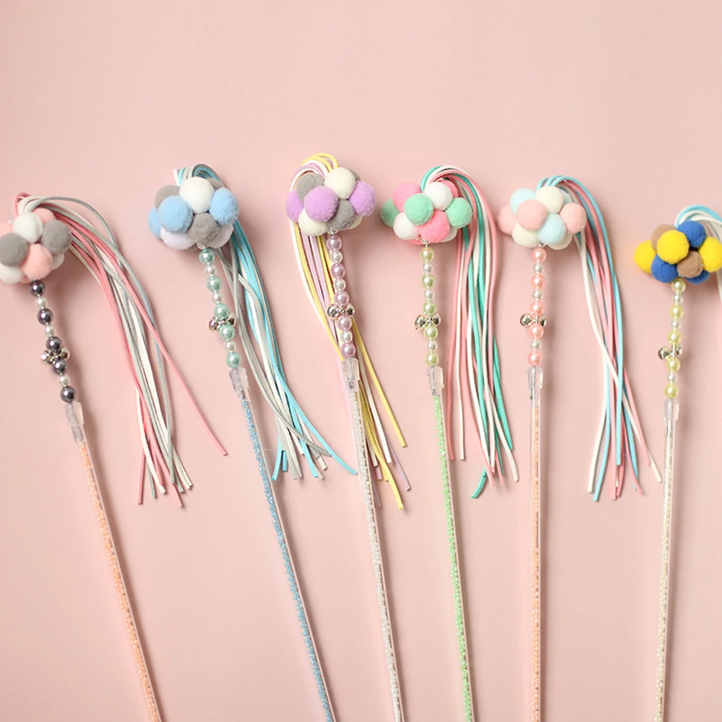 Cat Teaser Wand Beaded Kitten Stick Interactive Toy Colorful Pet Tassel With Pompom And Bell Supplies | Дом и сад