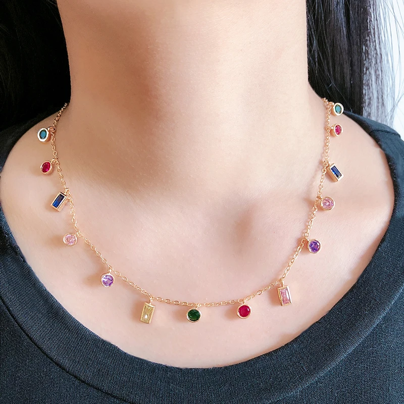 Женское простое ожерелье с кулоном золотистое медное многоцветное круглое