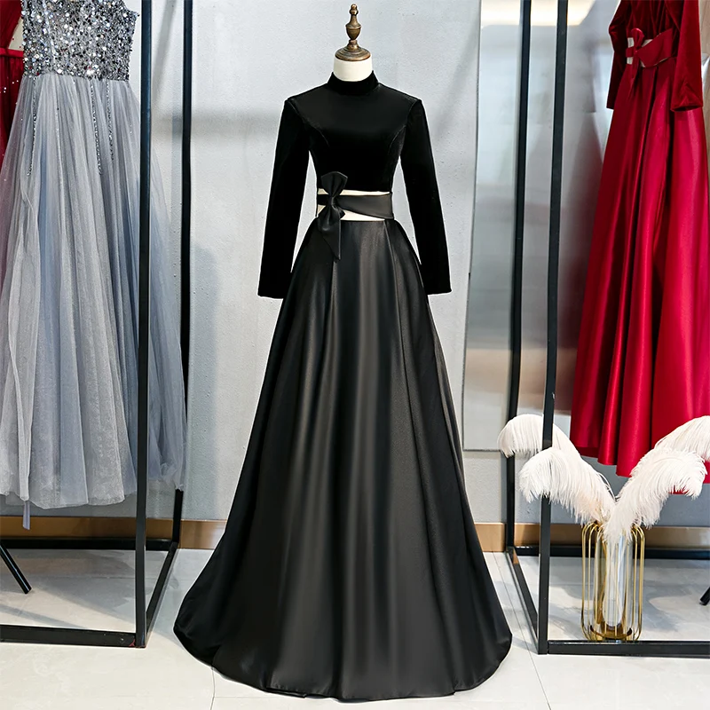 

High Neck Black Evening Dress Bow Sashes Empire Full Sleeves A-line Floor-length Elegant Simple Party Formal Dresses Woman B129