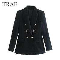 traf za jacket women plaid texture solid double breasted blazer notched coat office wear long sleeve pocket elegant chic outwear