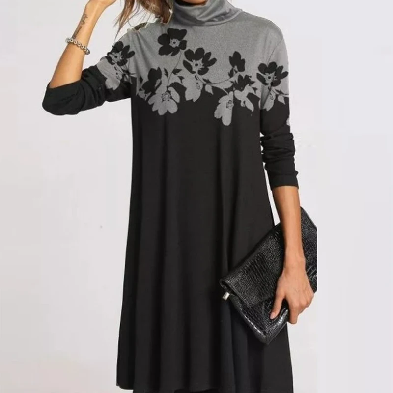 Женское теплое платье-водолазка с винтажным принтом лица элегантное лоскутное