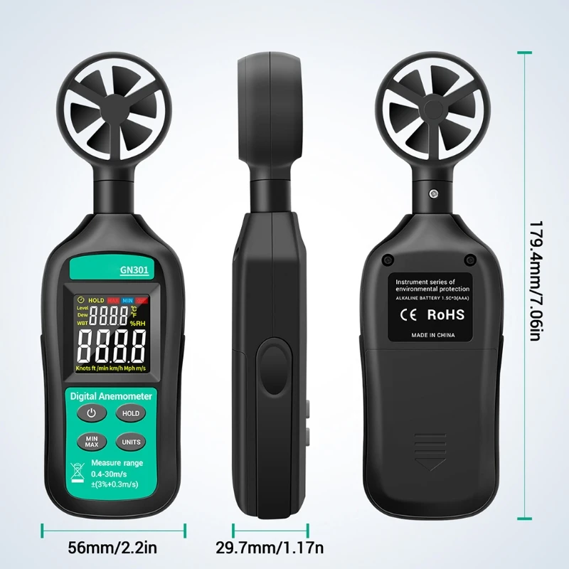 

GN301 Digital Anemometer 0-30m/s Wind Speed Meter Thermometer Hygrometer Tester Anemometro with LCD Backlight Display KX4B
