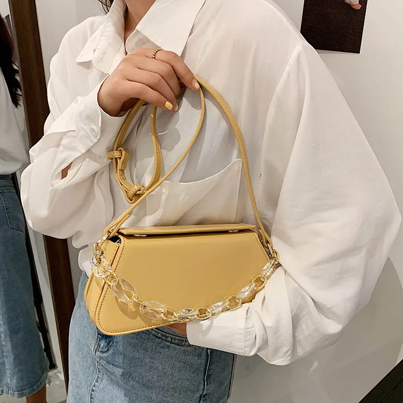 

Luxury Ladies Thick Chain Baguette Bags 2021 Summer New Fashion One Shoulder Underarm Bag High Quality PU Leather Handbags Purse