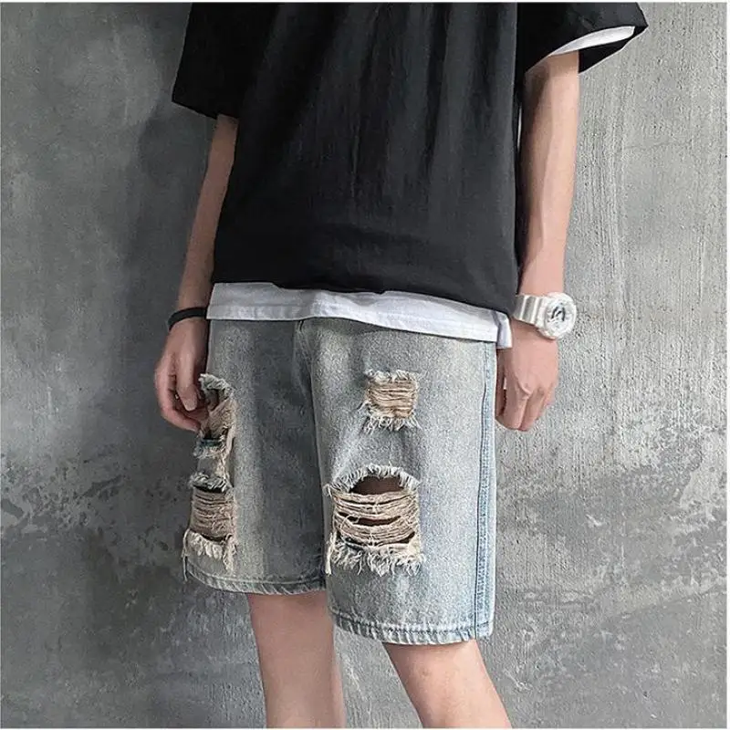 

Summer New Style Knee-hole Denim Shorts Mens Trendy Fashion Casual Loose Straight Washed Retro Pants Mens Clothing