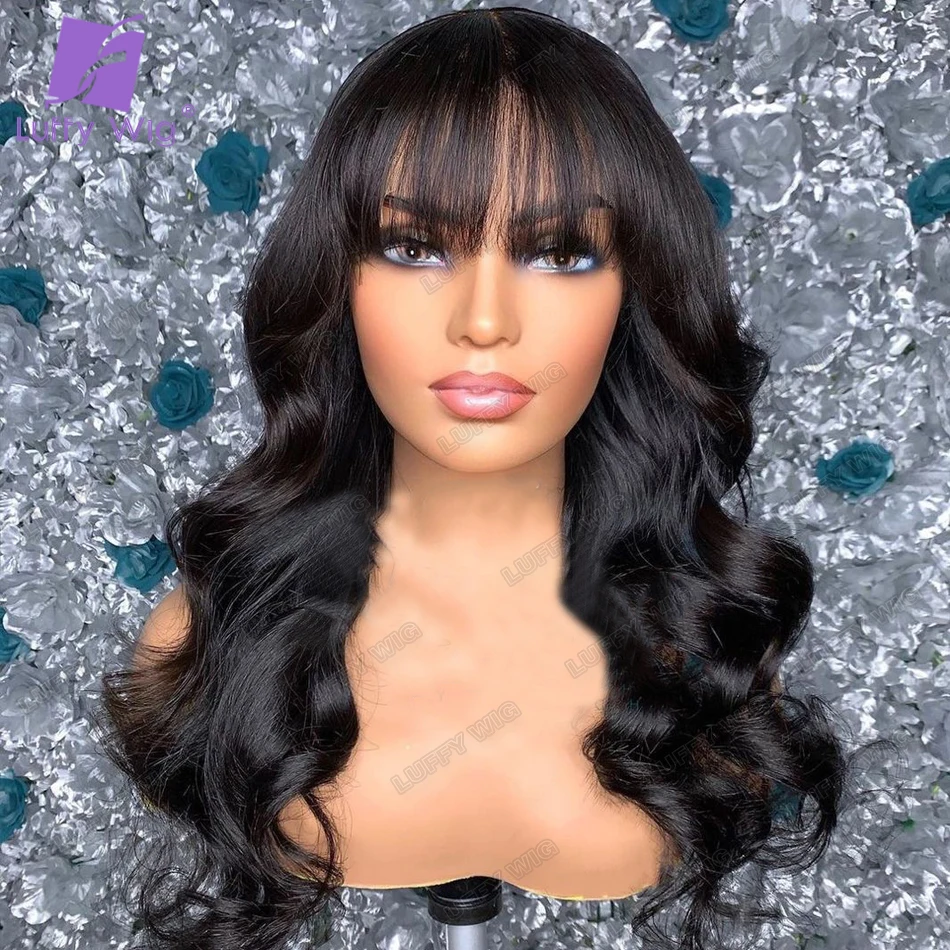 Body Wave Wig with Bangs Scalp Base Top Full Machine Made Wig Remy Brazilian Human Hair Wigs with Fringe for Black Women LUFFY
