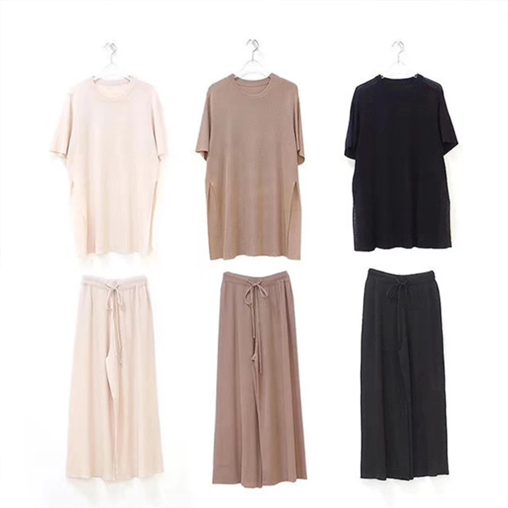 

Diiwii Fashion Temperament Lce Silk Knitted Set Women Long Pullovers Tops And Wide-Leg Pants Suits High Quality Two Piece Casual