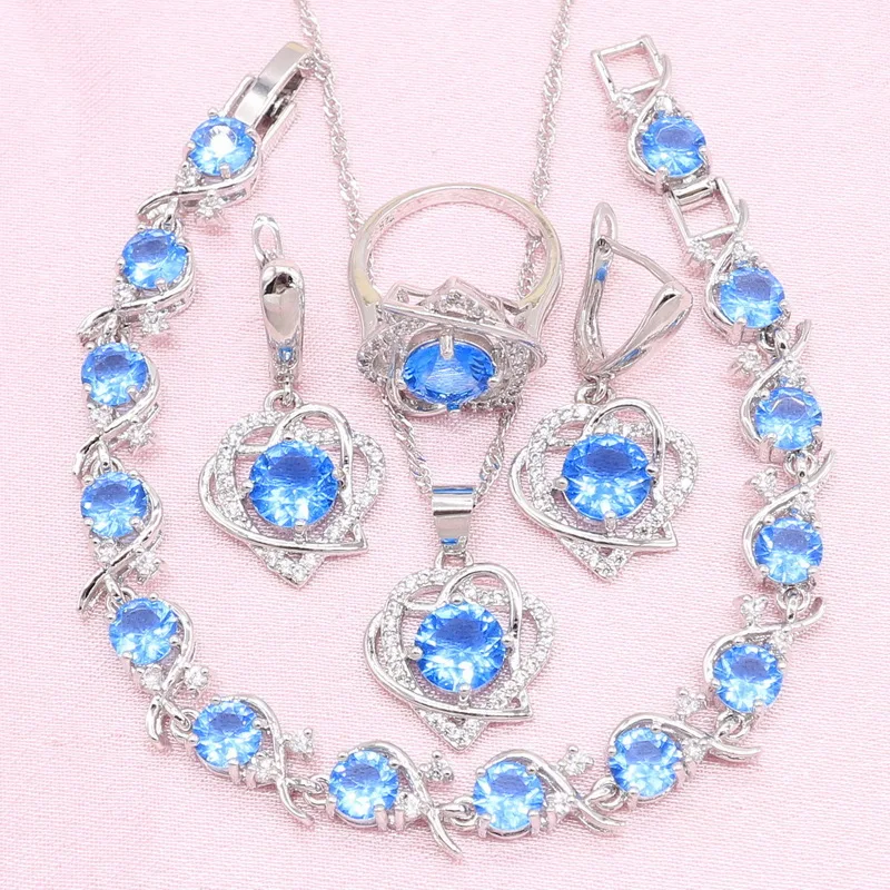 Серебряный цвет Свадебные Ювелирные наборы для женщин светильник голубой