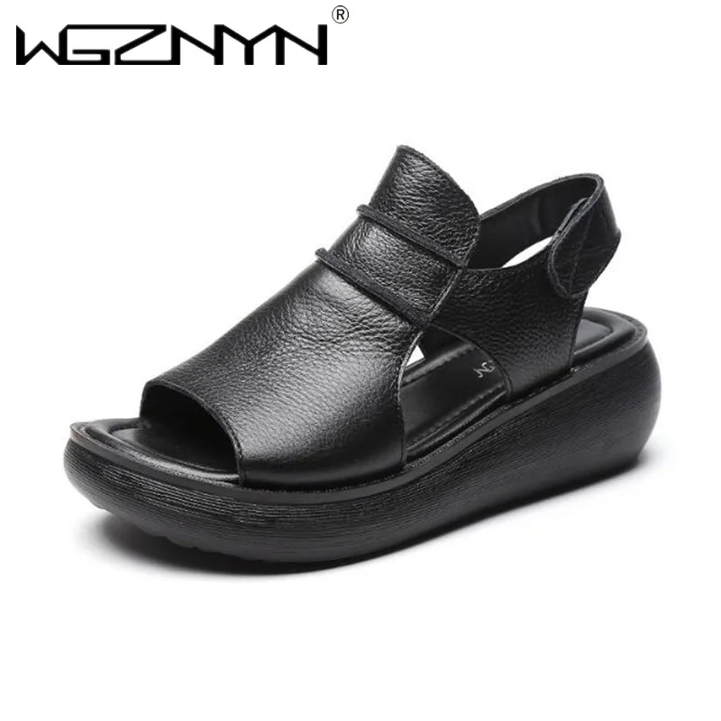 

2021 Summer Shoes Thick Bottom Flat Platform Sandals for Women Genuine Cow Leather Fashion Wedges Peep Toe Women Outdoor Sandals