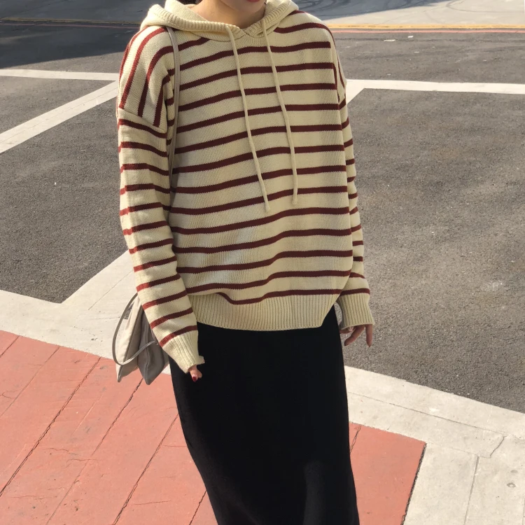 

Fashion Striped sweater Knitted Loose Sweater Outwear Women Soft Autumn Casual Warm Striped Long Sleeve Hooded lace sweater Hot