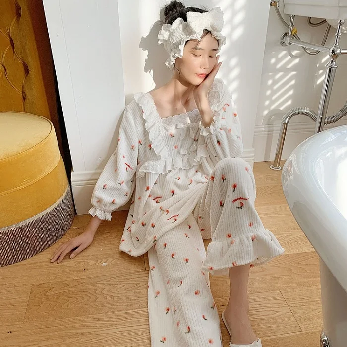 Peach Print Осенне-зимние милые мягкие толстые фланелевые женские пижамные комплекты женские пижамы с принтом фруктов и длинными рукавами, костюмы для сна подарок - Цвет: Peach Print