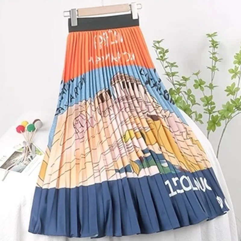 

Vintage Print Skirt Women Summer Jupe Longue Pleated High Waist Skirts Falda Long Fashion Elegant Slim Mid-calf Midi Skirt