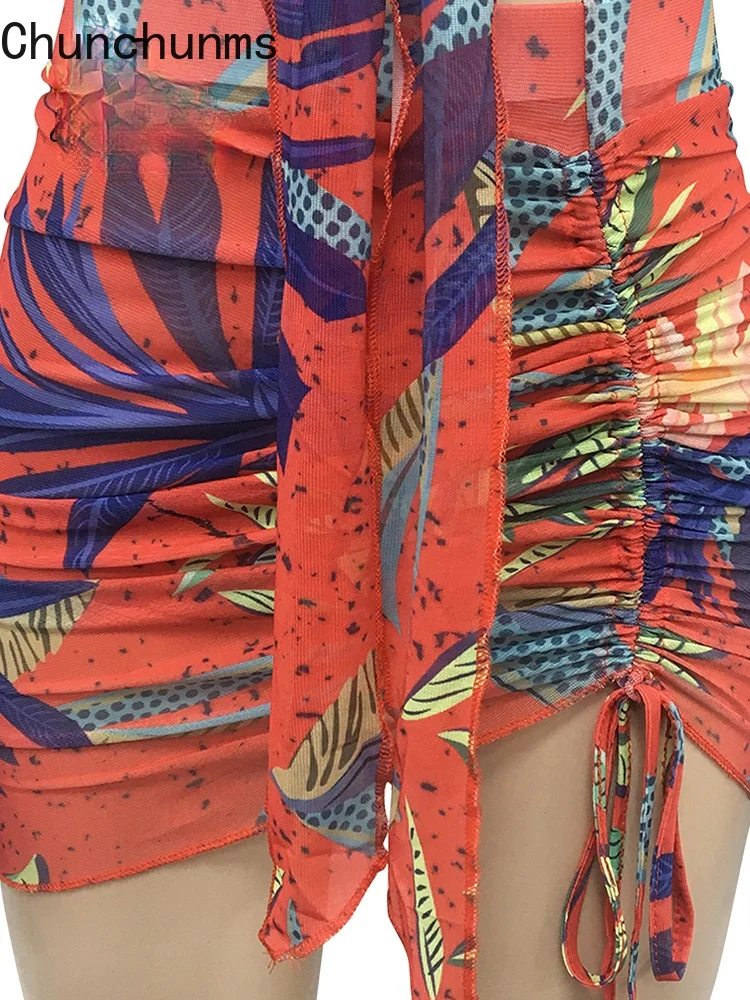 

Bechwear Print V-Neck Bandage Flare Sleeve Crop Top+Drawstring Mini Package Hip Skirt Two Piece Set Summer Women 2021