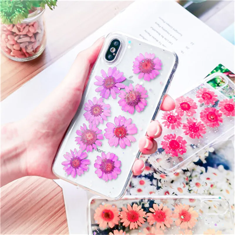 Чехол для телефона с настоящими цветами и сушеными цветами для iPhone X, XS, XR, XS, Max, 6, 6 S, 7, 8 Plus, прозрачная блестящая красивая мягкая задняя крышка из ТПУ