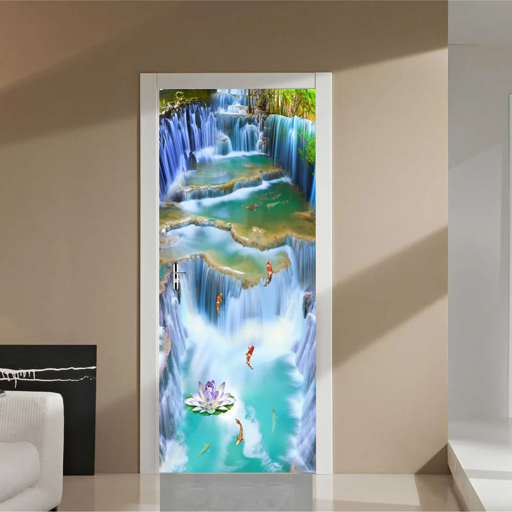 

3D Wallpaper Mountain Landscap Landscape Door Sticker PVC Waterproof Self-adhesive Door Mural Papel De Parede 3D Home Decor