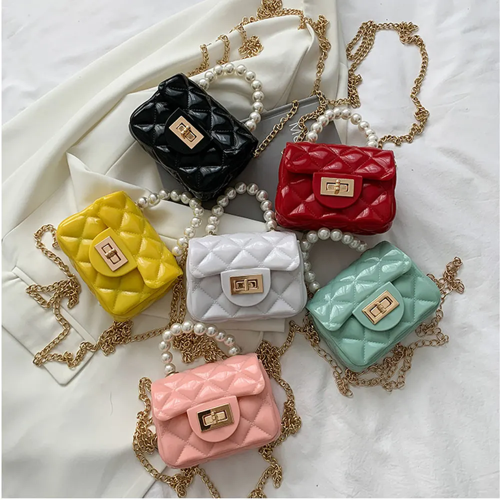 

YIXIAO Fashion Small Leather Shoulder Bags for Women Pearl Chain Jelly Handbags Female Messenger Bag Ladies Cute Square Clutch