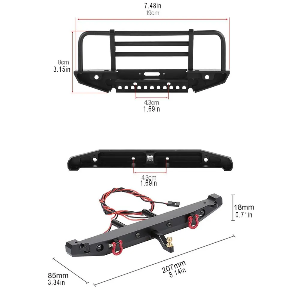 

RC Car Metal Front And Rear Bumper with LED Light for 1/10 RC Rock Crawler Traxxas TRX4 Axial SCX10 90046 D90 Upgrade Parts