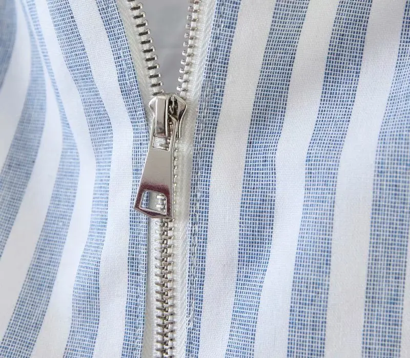 

Summer women's tops and blouses white blue back zipper cotton long puff sleeves cropped ladies shirt