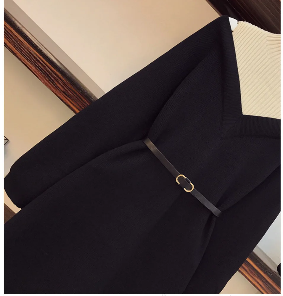 

BacklakeGirls 2021 Women Plus Size Ladies Long Sleeve O Neck Knitted Dress Autumn Winter Fake Two Piece Belted Knit Party Dress