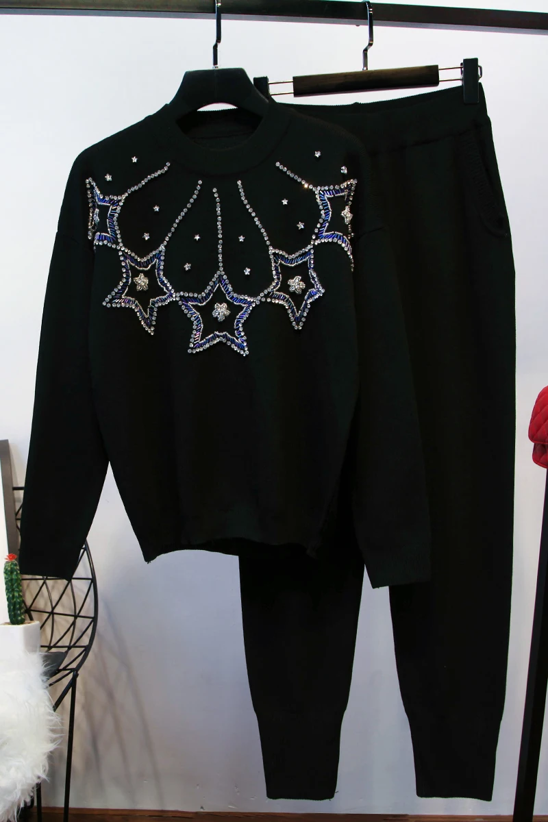 

The Limited Cotton Full Pattern Crystal New 2020 Ladies Diamond Star Nail Bead Ms Long-sleeved Sweater Coat Feet Pants Suit