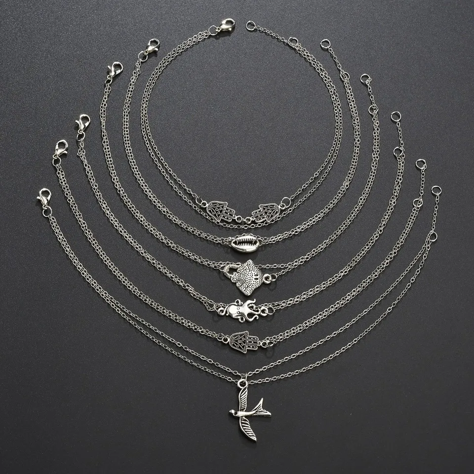 Женский многослойный браслет на ногу Серебряный слон ювелирное изделие из