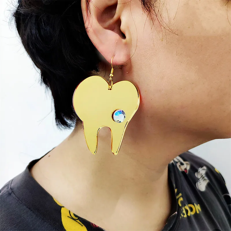 

Big and Small Teeth Drop Earrings for Women Gold Mirror Hiphop Rock Jewelry Accessories Fashion Acrylic Gift