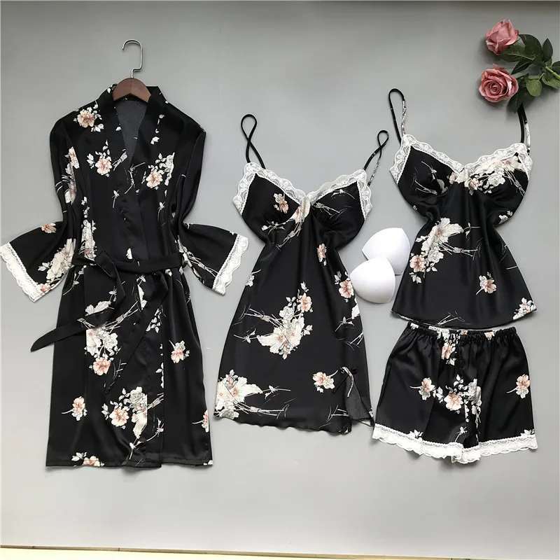 

Printed Flower Pajamas Set Women Summer 4pcs Sleepwear Suit Sexy Nightgown Bathrobe Soft Satin Nightwear Loose Home Clothes