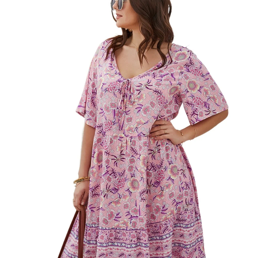 

2021 Summer Plus Size Women Print Beach Style V-neck Short Sleeve A-line Dress Causual Women's Fashion Knee-Length Dresses