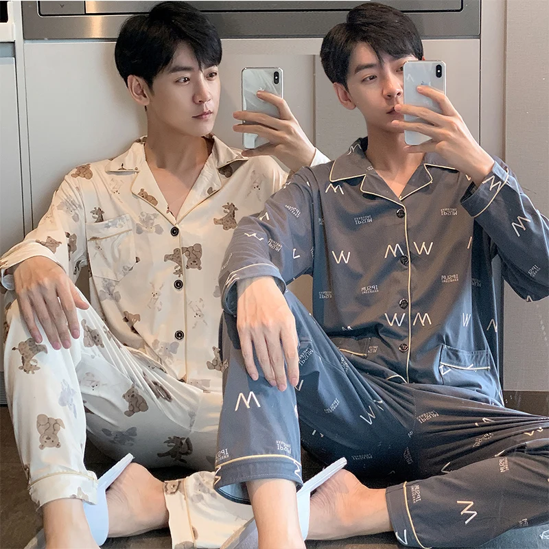 

Plus Size Long Sleeve Print Loose Pajama Sets for Men 2021 Autumn Korean Sleepwear Suit Pyjama Male Homewear Lounge Home Clothes