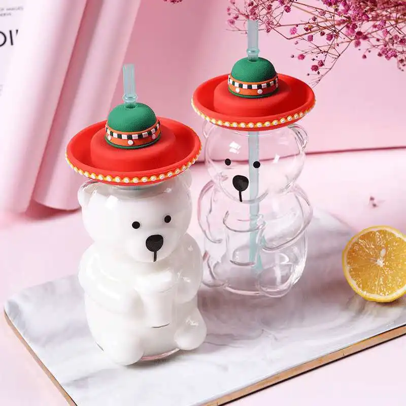 

Bear Glass Water Bottle with Lid Children Cartoon Creative Lovely Girl Heart Milk Juice Straw Cup Portable Coffee Cup Household