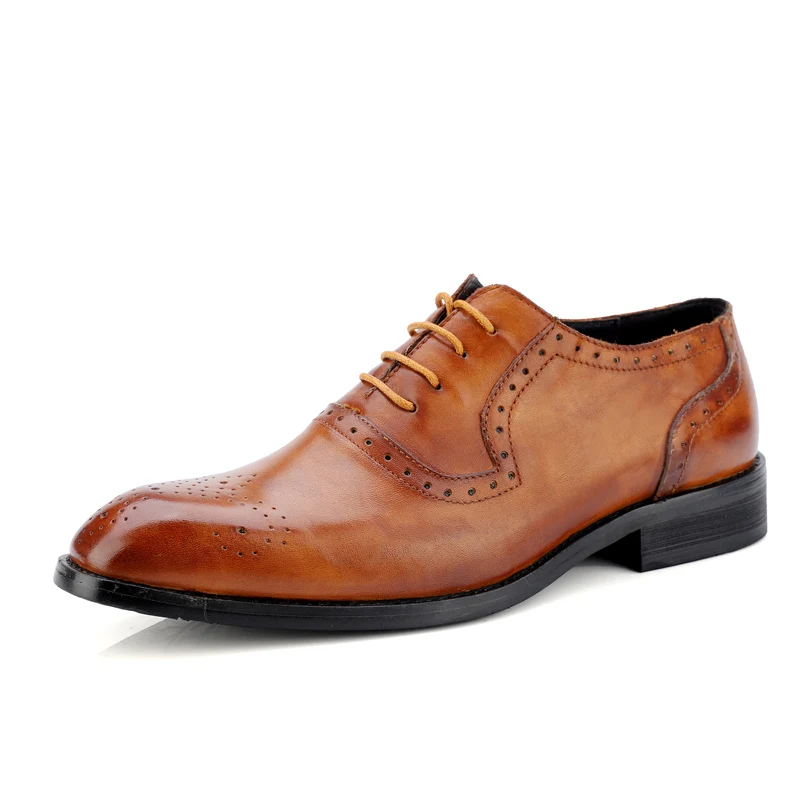

High Quality Men Oxfords Shoes British Style Carved Genuine Leather Shoe Brown Brogue Shoes Lace-Up Bullock Business Men's Flats
