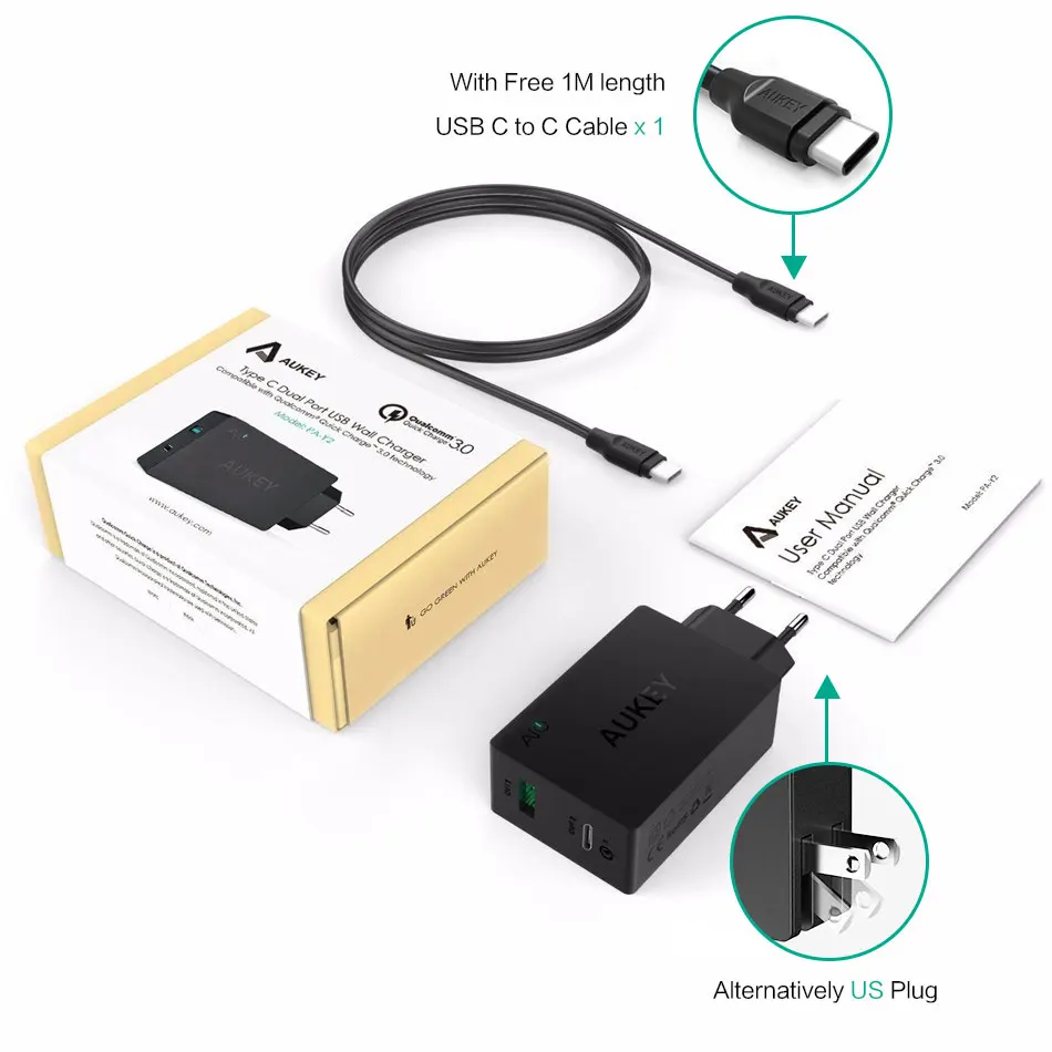 

Eu Plug Original Aukey Fast Charge PA-Y2 Amp Type-C with Quick Charge 3.0 Dual USB Fsat Charging