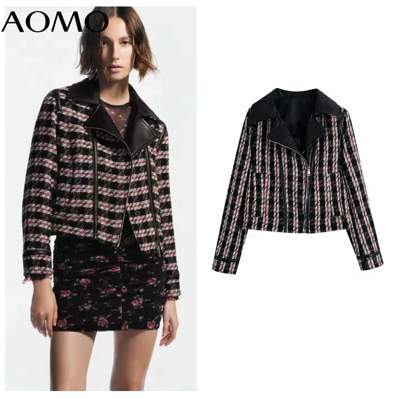 

AOMO Women's Winter Jacket Plaid Tweed Long Sleeves Pocket 2021 Ladies Elegant Crop Coat BE754A