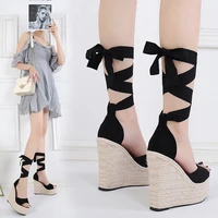 2021 summer new platform wedge sandals for womens with strappy fish mouth hemp rope weaving high heels shoes