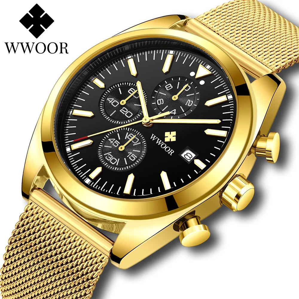 2021 WWOOR Top Brand Luxury Gold Black Watch For Men Sports Chronograph Qaurtz Watches Men Steel Military Waterproof Wrist Watch