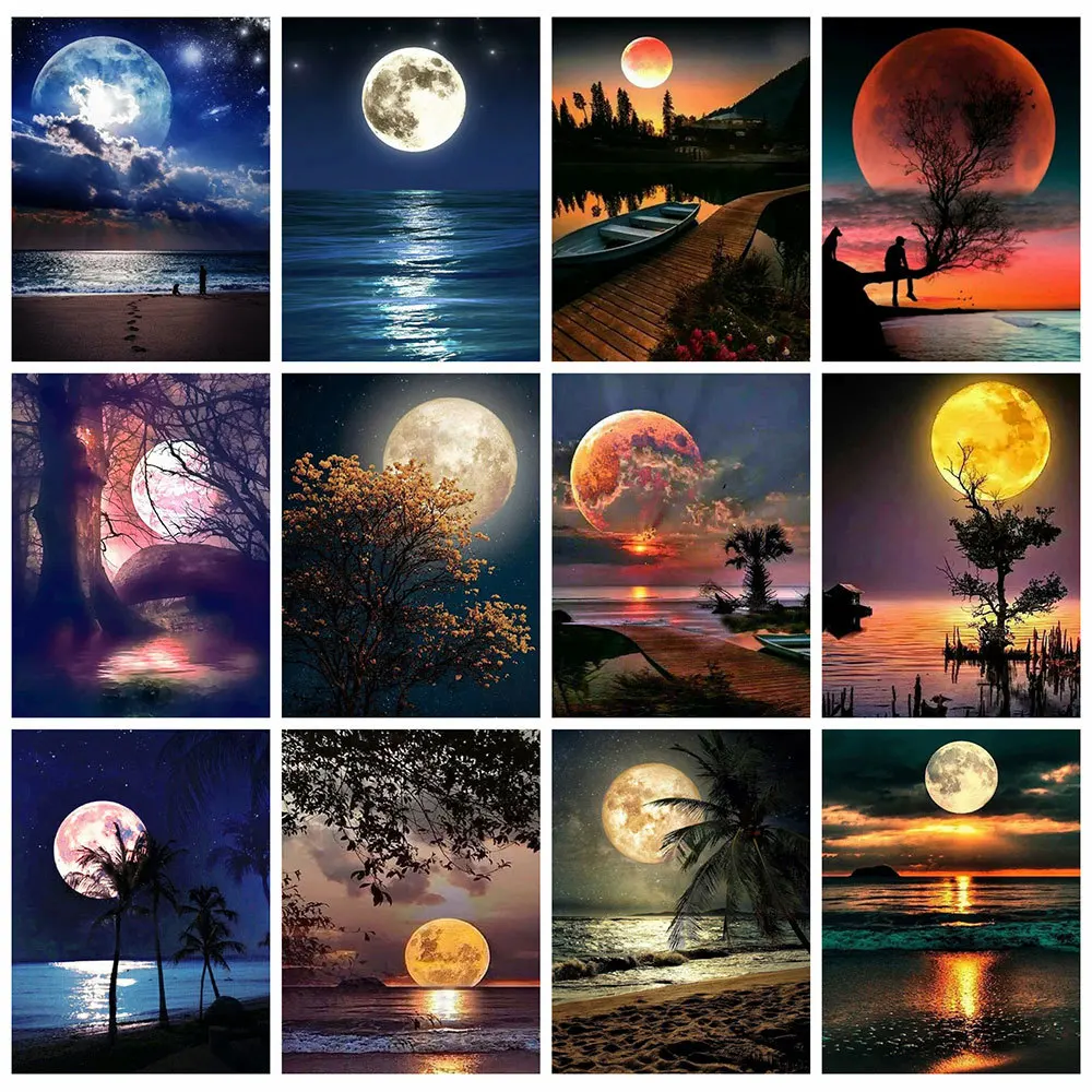 

HUACAN 5D DIY Diamond Painting New Landscape Moon Diamond Embroidery Sale Seaside Pictures Of Rhinestones Mosaic Decortion